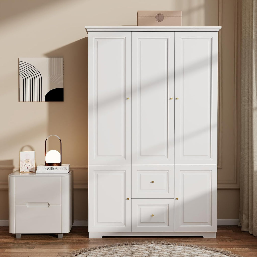 Armoire Wardrobe Closet with Drawers: 74" White Wardrobe Closet with 3 Doors, Tall Bedroom Armoires for Clothes, Wood