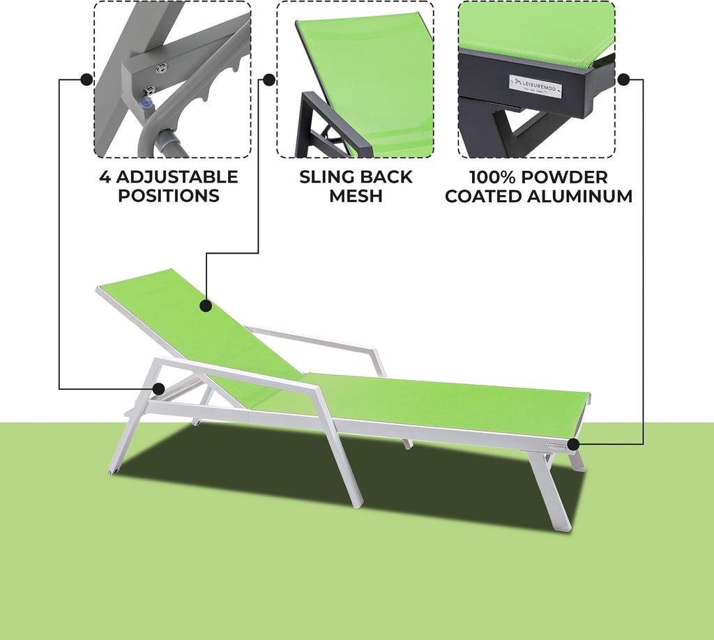 Marlin Patio Chaise Lounge Chair, Adjustable Outdoor White Aluminum Lounge with Breathable Mesh Sling Back