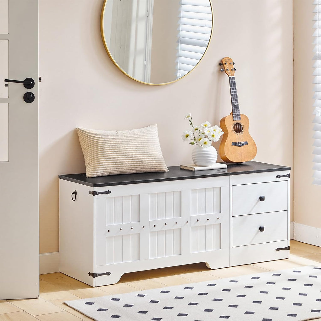 Storage Bench, Toy Box with Dual Drawers and Safe Hinge, Storage Chest with Extra-Long Thick Top, Easy Assembly