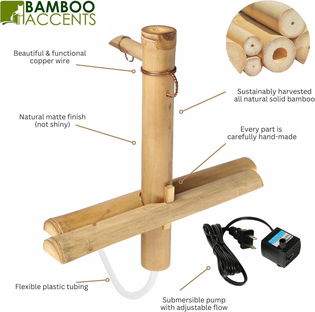 12" Adjustable Bamboo Fountain Kit with Pump - Classic Zen Water Feature for Bowls, Basins, Water Gardens & Patio