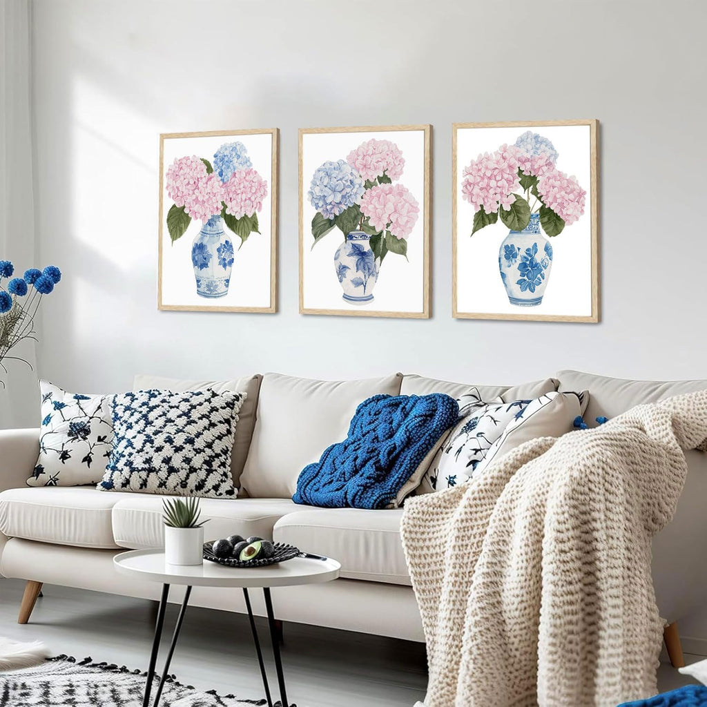 OAK Wood Framed Wall Art Pink And Blue Floral Canvas Wall Art Chinoiserie Flower Pictures Wall Decor Set of 3