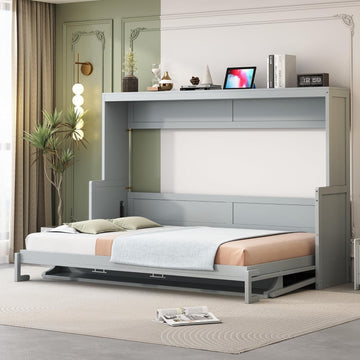Queen Horizontal Murphy Bed with Desk,Solid Wood Folding Hideaway Murphy Wall Bed for Adult,Guest Room (Grey,Queen)