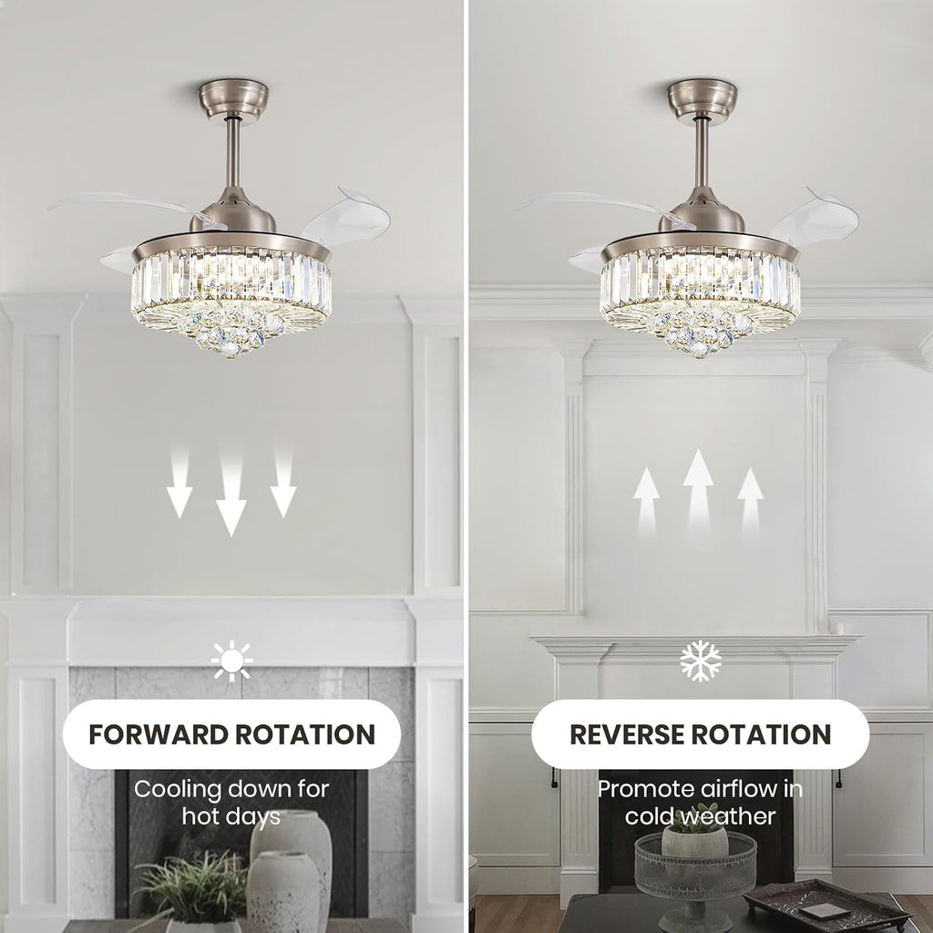 36 Inch Crystal Chandelier Fan, Ceiling Fan with Light and Remote Control, Invisible Retractable Fandelier, Dimmable