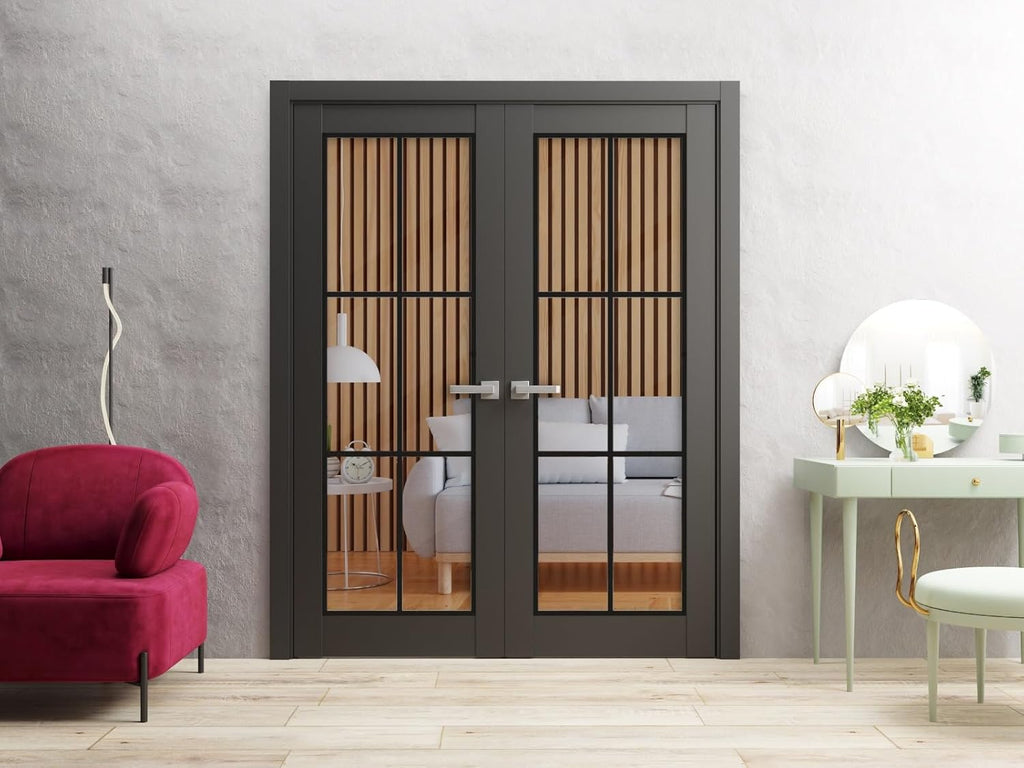 Lucia 2366 | Double Swing Interior French Doors with Glass, Solid Wood, Hardware Included, 36x84, Bl