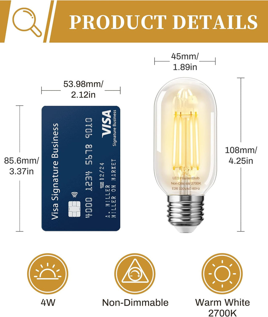 4 Pack LED Edison Bulbs, 4W Edison Light Bulbs, Antique LED Filament Bulbs 40W Equivalent, E26 Base, T45 LED Bulb