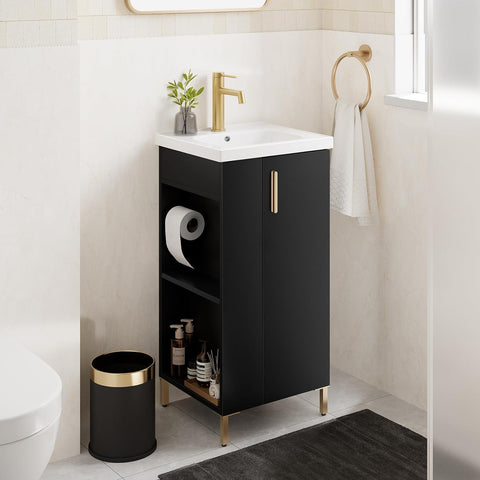 16-Inch Freestanding Bathroom Vanity with Sink – Black Cabinet with Ceramic Sink, Soft-Close Door and Side Storage