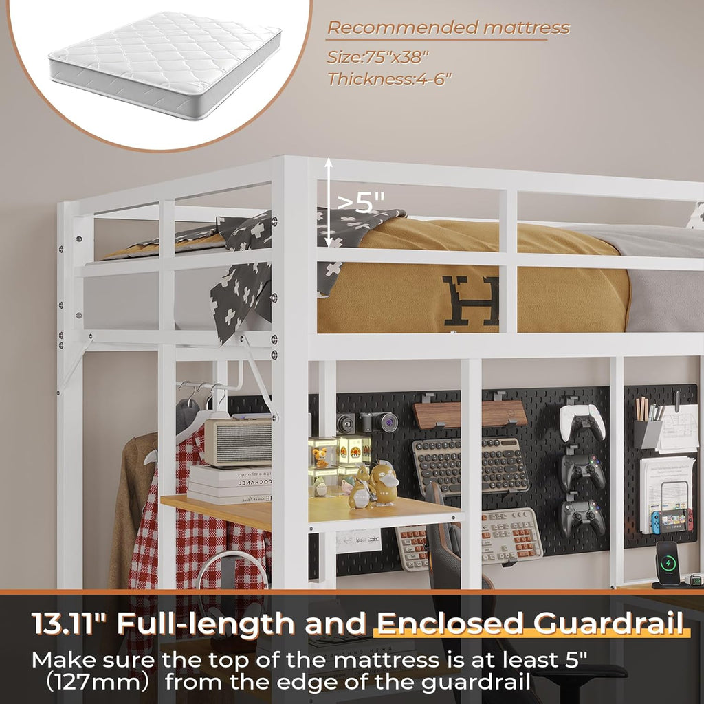 Loft Bed Twin with Desk and Charging Station Metal Loft Bed with Led Lights,Storage Shelves and Drawers Twin Bed with