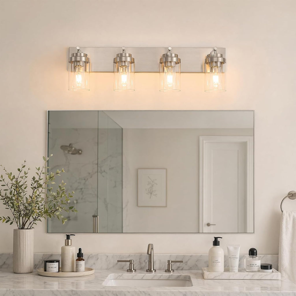 4-Light Bathroom Light Fixtures, Brushed Nickel Vanity Lights | Modern Bathroom Lighting Fixtures Over Mirror, Vanity