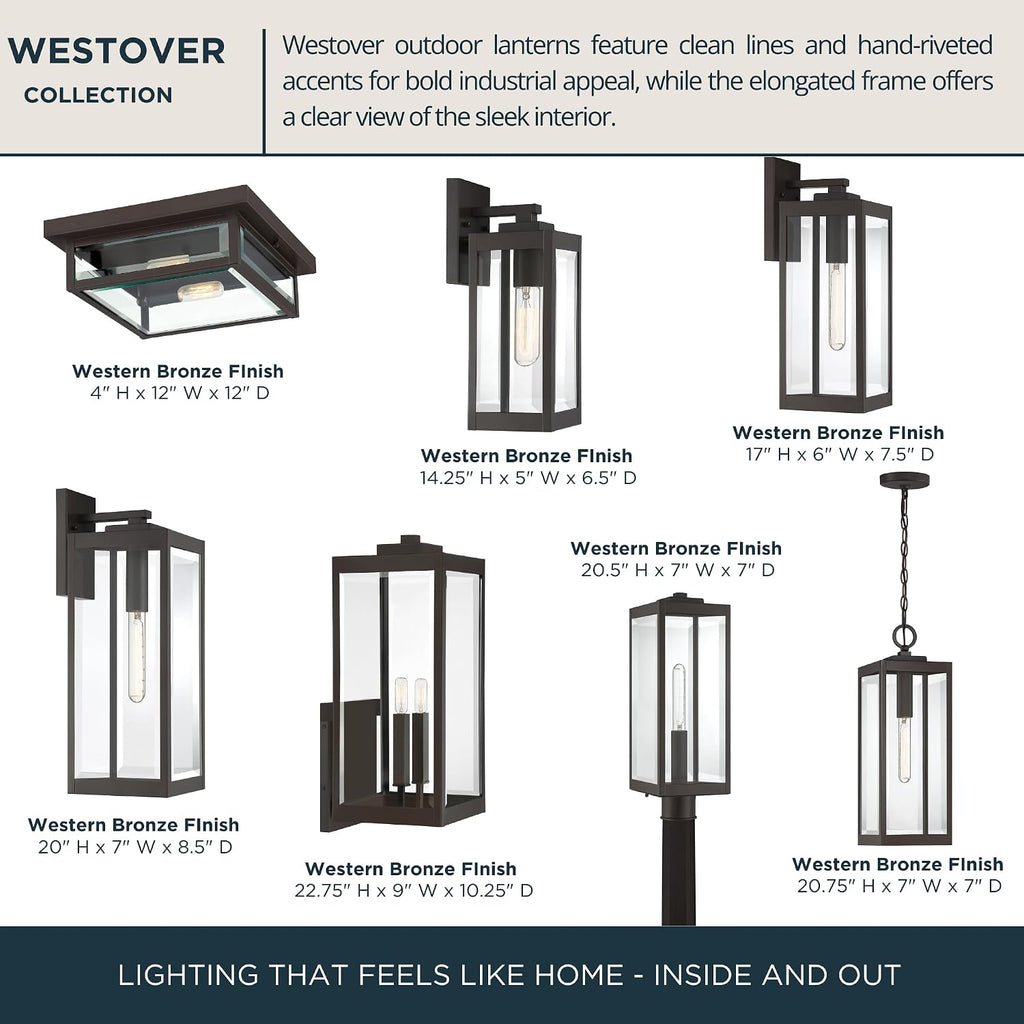 Westover 12" Outdoor Flush Mount Ceiling Light, 2-Light Western Bronze with Clear Beveled Glass, E12 Base