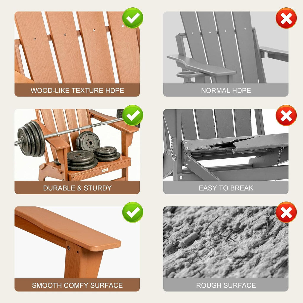 Folding HDPE Adirondack Chair 4-Pack, Gun-Leg Frame with Cupholder | All Weather Waterproof Heat Resistant, Wood
