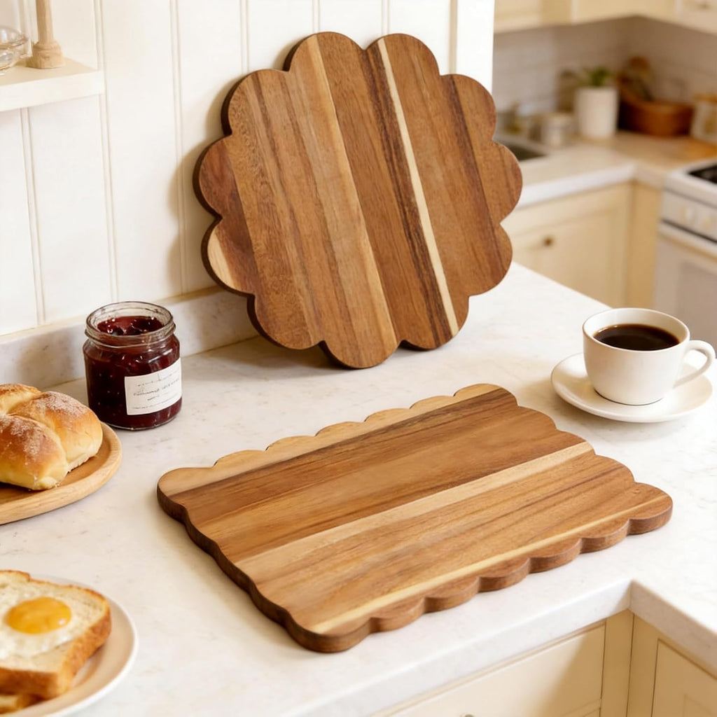 Acacia Wood Scalloped Cutting Boards Set, Decorative Wooden Charcuterie Boards with Handle for Cheese Pizza Meat