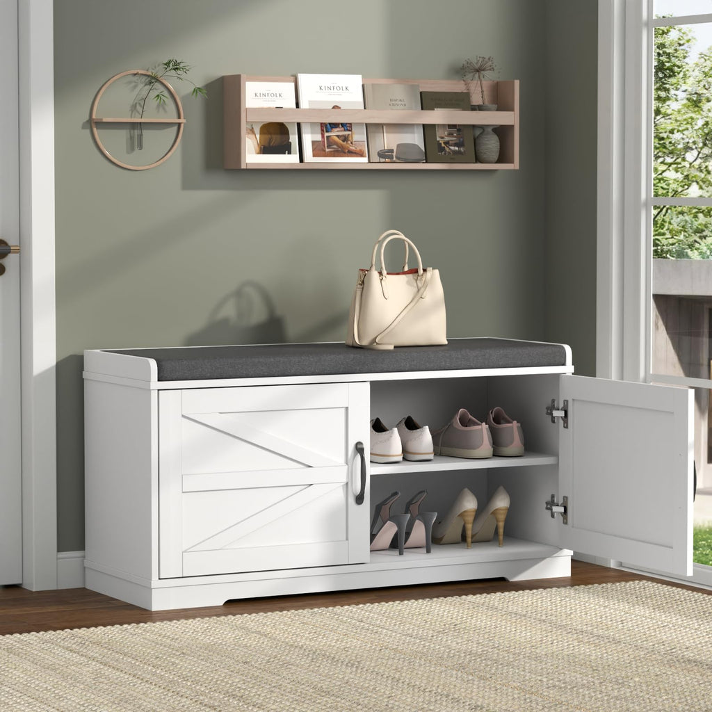 Shoe Storage Bench, 2-Tier Farmhouse Entryway Bench with Padded Seat Cushion, 13.78" D x 39.37" W x 19.69" H, Slim