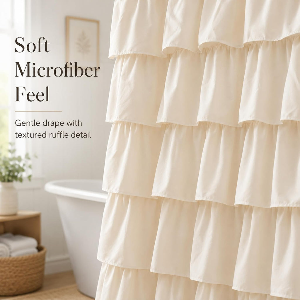 Beige Ruffle Shower Curtain , 72x72, Elegant Ruffled Panle | Soft Cream Color, Cascading Waterfall Ruffles, 72 x 72