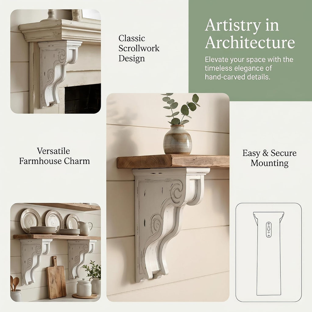 Set of 2 Decorative Shelf Brackets, Wall Mounted Wood Corbels | 7.28 x 4.13 x 11.22 inch Rustic Floating Shelf
