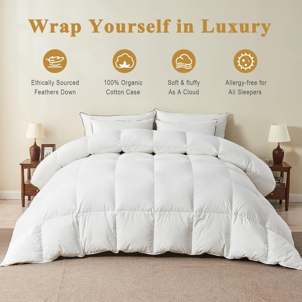 Organic Feather Down Comforter Full, Luxury Extra-Fluffy Duvet Insert