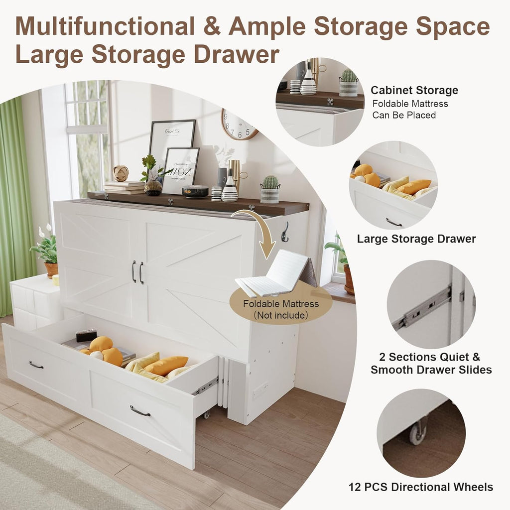 Full Murphy Bed with Storage & Charging Station, Murphy Cabinet Bed with Drawer for Guest Bedroom, Living Room