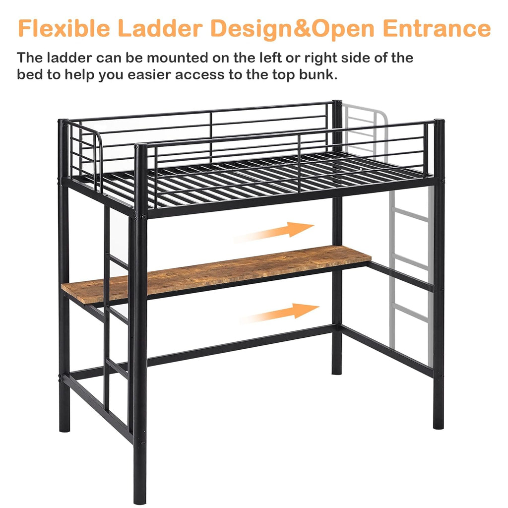 Metal Loft Bed Twin with Desk, Heavy Duty Bedframe with Removable Ladder and Safety Guardrail, Space-Saving