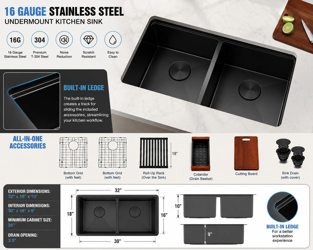 Black Undermount Kitchen Sink, 32 Inch Double Bowl Sink | Black Stainless Steel Kitchen Sink, 32" x 18" T304 16 Gauge
