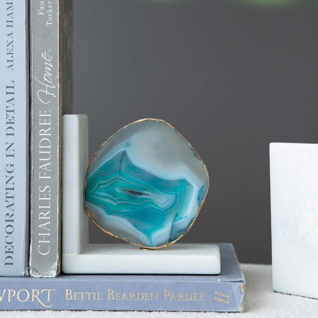 A&B Home Polished Green Agate Crystal & Marble Bookends, Stone Pair Book Ends for Heavy Books, Decorative Accents