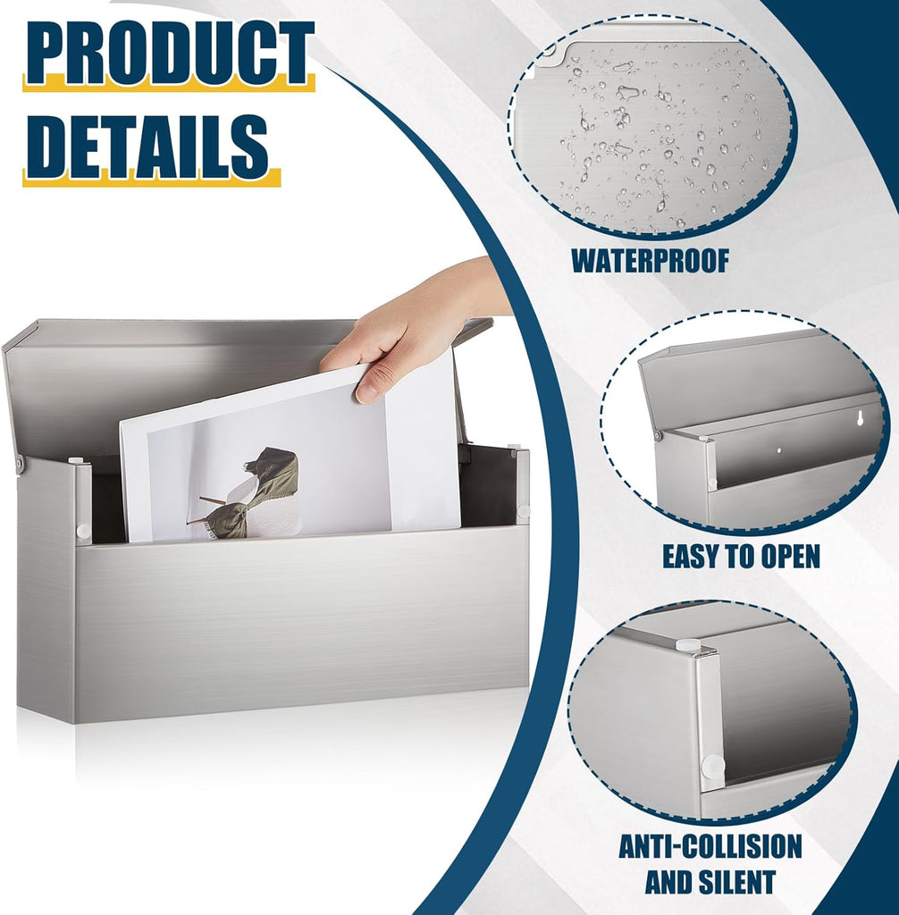 Stainless Steel Mailboxes 14.5'' x 7.1'' x 3.75'' Wall Mounted Mailbox Silver Rust Proof and Rainproof Steel Drop Box