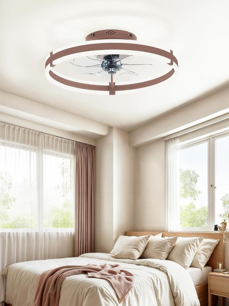 Ceiling Fans with Lights and Remote, 19.7'' Low Profile Ceiling Fan, 3000-6000K Dimmable Modern Flush Mount LED Fan Light, 6 Wind Speeds, Brown Fandelier Ceiling Fans for Bedroom