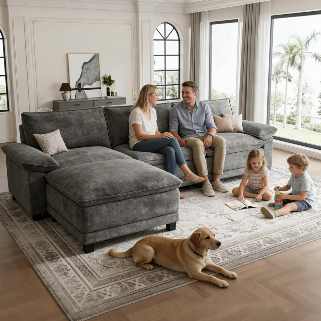 Modern L Shaped Sofa Couches , Modular Sectional Cloud Couch with Movable Ottoman, Comfy Chenille Sofa , Dark Gray