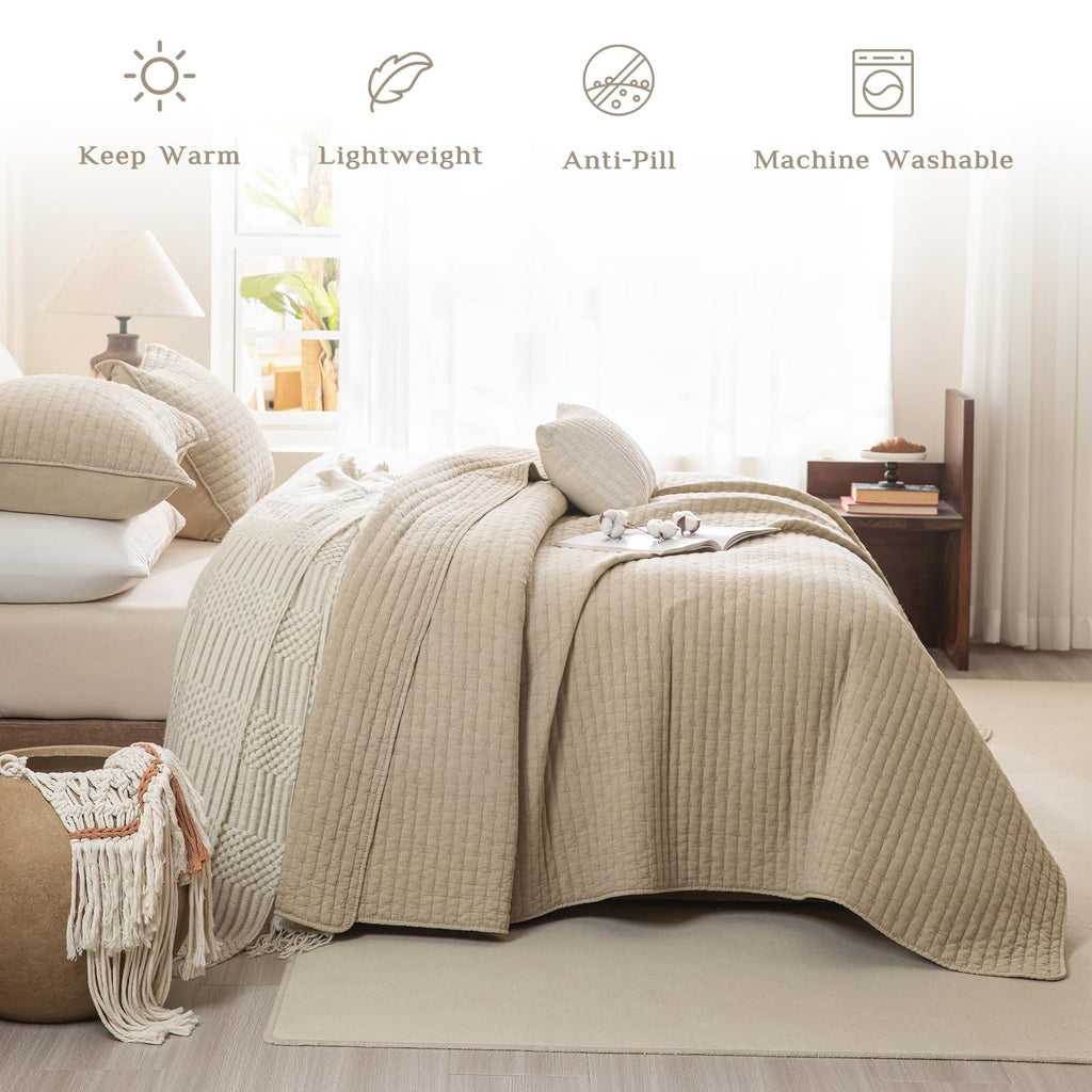 Oversized King Quilt 120x120, Stone-Washed Cotton Wheat, 3 Pieces Lightweight Ultra Soft California King Coverlet Set