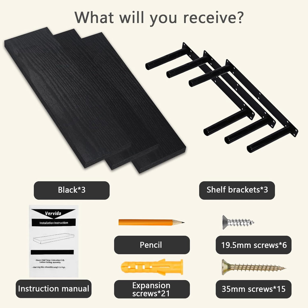Black Rustic Floating Wall Shelves 24in Set of 3 Hidden | 3 Black Floating Shelves 24in , Rustic Wood Invisible