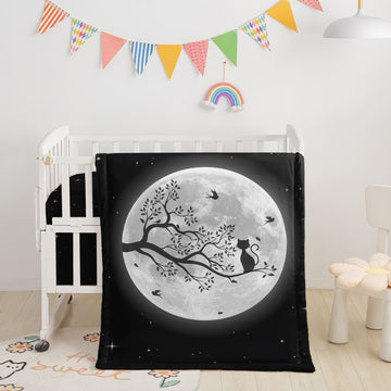Moon Theme Cat Branch Printed Nursery Crib Bedding Set, 3pcs - Comforter, Crib Sheet & Crib Skirt for Baby Boys and