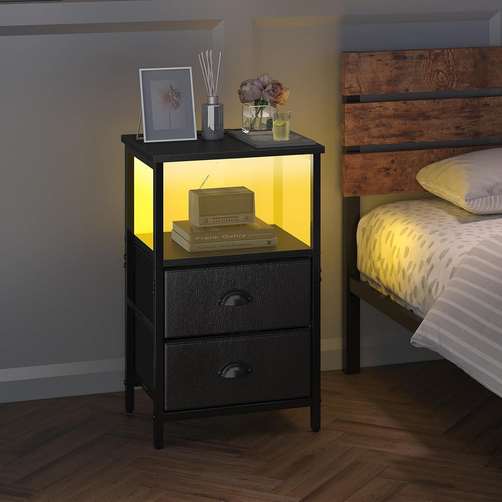 Nightstand with Charging Station, LED Night Stand Set 2, Bedside Table End Table Set of 2, Bedroom Table with 2