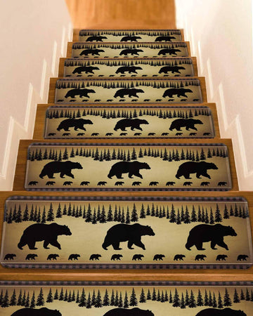 Black Bear Stair Treads for Wooden Steps Indoor Runner Rug Carpet, Vintage Animals Farmhouse Pine Brown Forest 10
