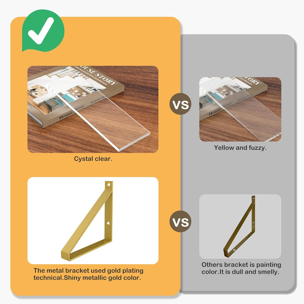 Clear Shelves, Gold Floating Shelves Wall Mounted Set of 3, 8mm Transparent Acrylic, Invisible Wall Shelves Display