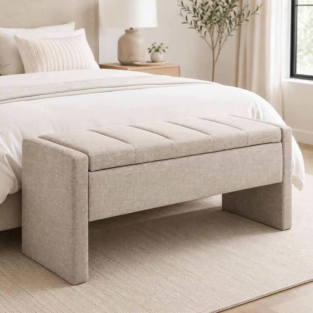 47.25 Inch Storage Ottoman Bench, Linen Upholstered, Light Taupe