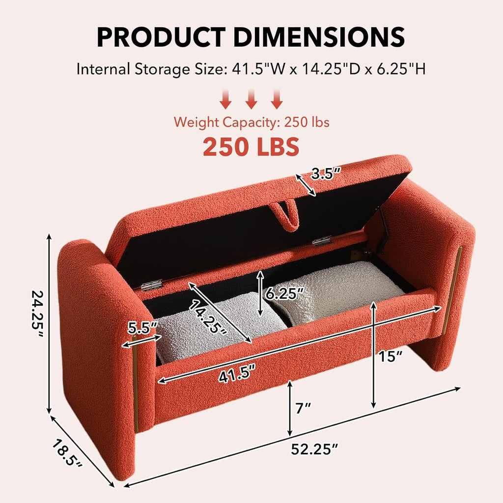 52" Flip-Top Storage Ottoman Bench, Teddy Entryway Bench (Orange) | Teddy Fleece Upholstered End of Bed Bench with