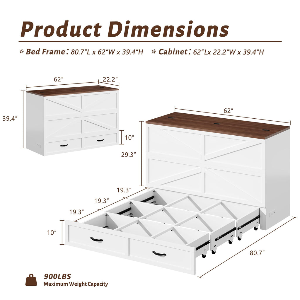 Queen Murphy Bed Frame with Charging Station, Freestanding Cabinet Murphy Bed with Fold-Down Panel & Reinforced