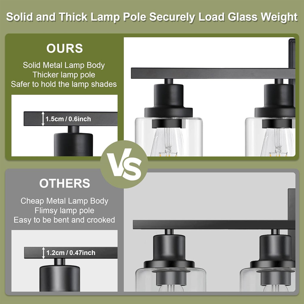 Modern Bathroom Light Fixtures, 4 Light Vanity Lights Over Mirror, Black Wall Lamp with Clear Glass Cabinet Bedroom