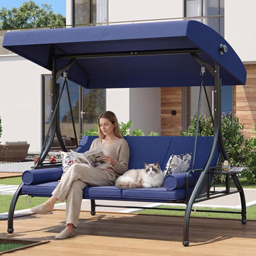 Outdoor Porch Swing with Stand and Canopy, 3 Seats Outdoor Swings for Adults, Convertible 2 in 1 Swing Bed with Cup