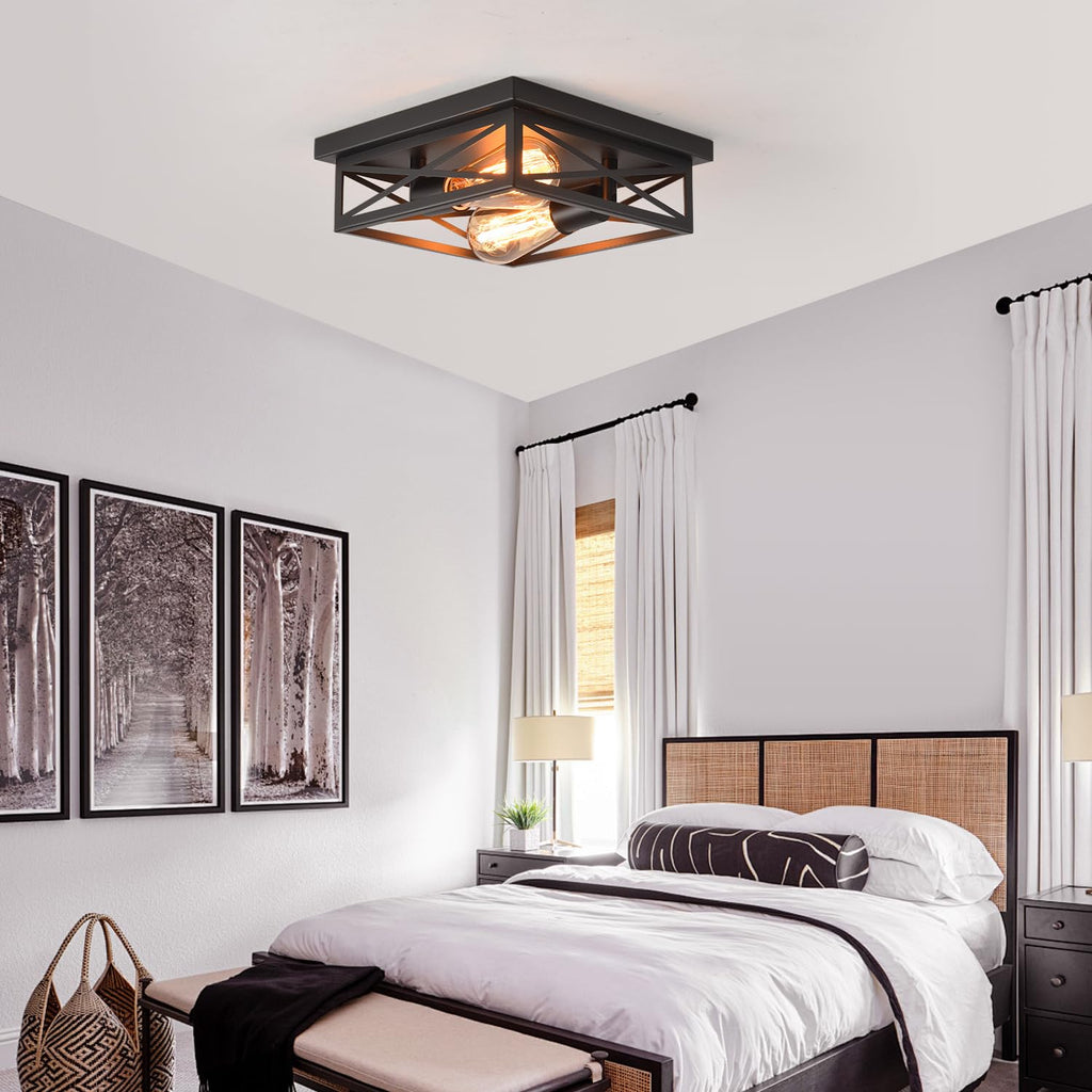 Black Flush Mount Ceiling Light, Hallway Light Ceiling Mount, Industrial Vintage Metal Cage Close to Ceiling Lights