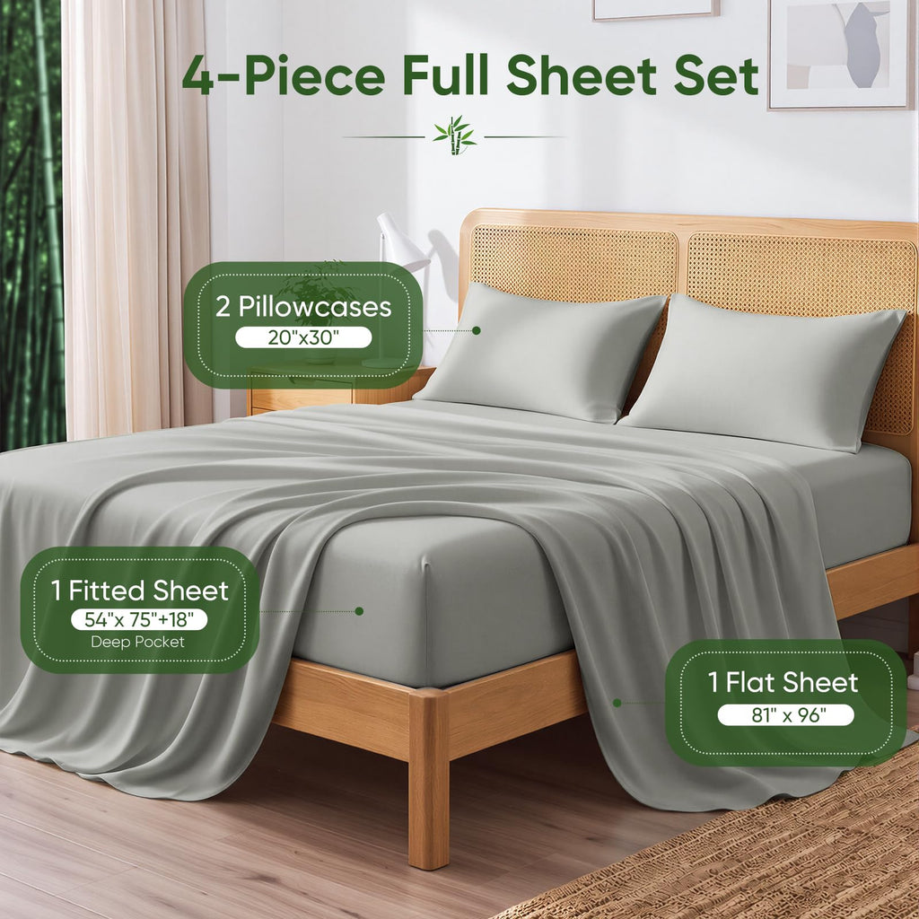 100% Viscose Made from Bamboo Full Sheet Sets, 4PC Cooling Bed Sheets with Extra Deep Pocket up to 18'', Hotel Luxury