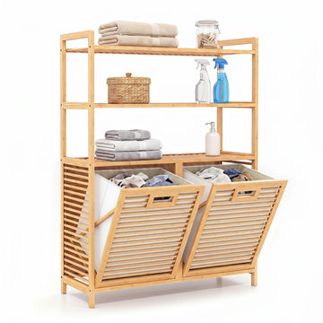 Bamboo Double Tilt Out Laundry Hamper Cabinet with Shelves