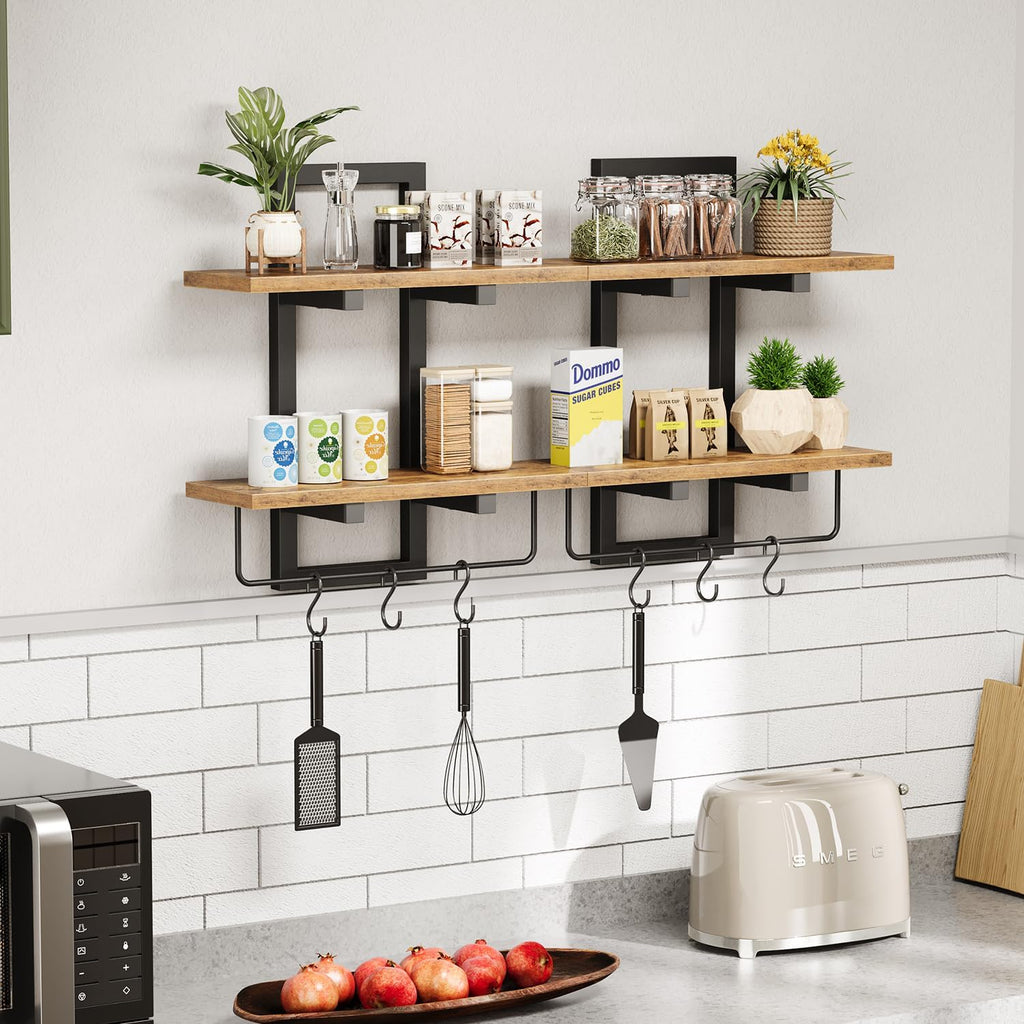 Floating Shelves for Wall Set of 2, Wood Wall Shelf with 6 Hooks, 2 Tier Hanging Decorative Storage Shelves Bedroom
