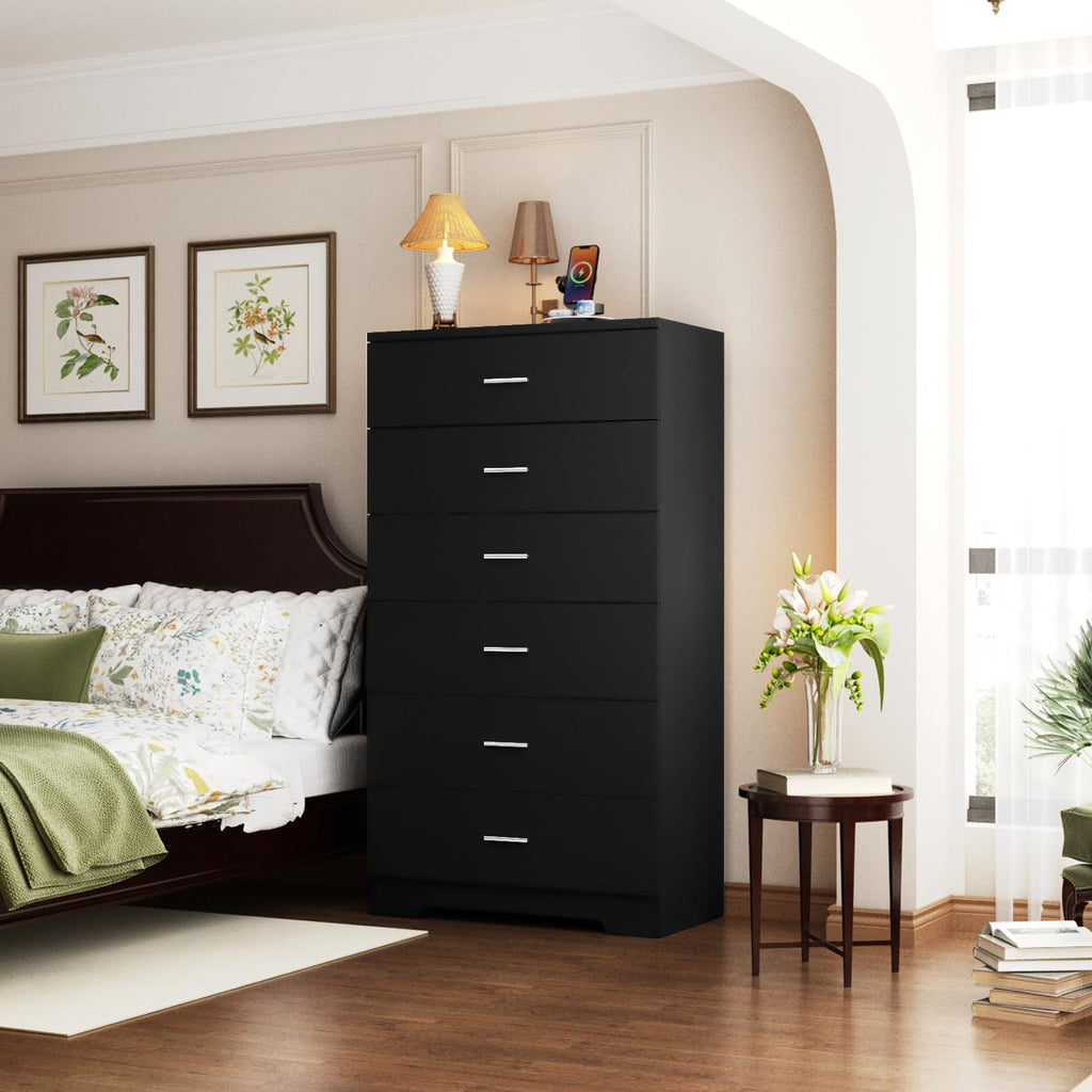 48" Tall Dresser Chest of Drawers with Power Outlets Wood 6 Drawers Dresser with Large Storage Space and Metal