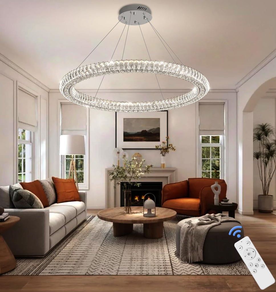 Modern LED Crystal Ring Chandelier Dimmable 47.5" Ring Pendant Light Adjustable Round Crystal Chandelier Light Living