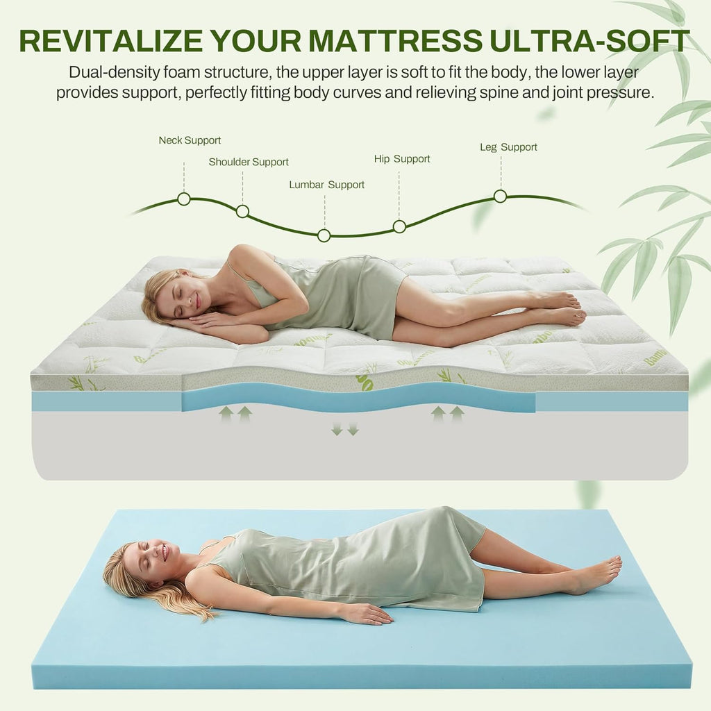 Full Memory Foam Mattress Topper, 4 Inch Dual Layer Gel Foam Mattress Pad with Soft Pillow Top Cover, Viscose Made