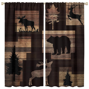 Rustic Lodge Cabin Rod Pocket Blackout Curtains, Room Darkening Abstract Vintage Jungle Wildlife Elk Deer Tree Bear