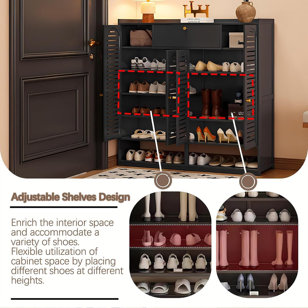 Shoe Cabinet with Louvered Doors, Freestanding Entryway Shoe Storage Cabinet with Drawer & Open Compartment, Modern