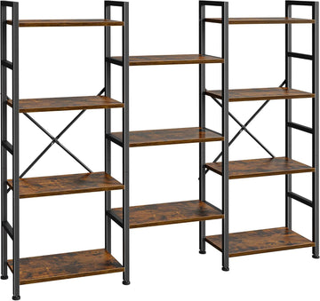 Triple Bookshelf, Bookcase with 11 Open Display Shelves, Wide Book Shelf Book Case, 4 Tier, Brown,ABC009Z