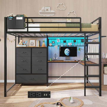 Twin Loft Bed with L-Shaped Desk and 7 Storage Drawers,Metal Twin Loft Bed for Kids with LED Lights and Charging