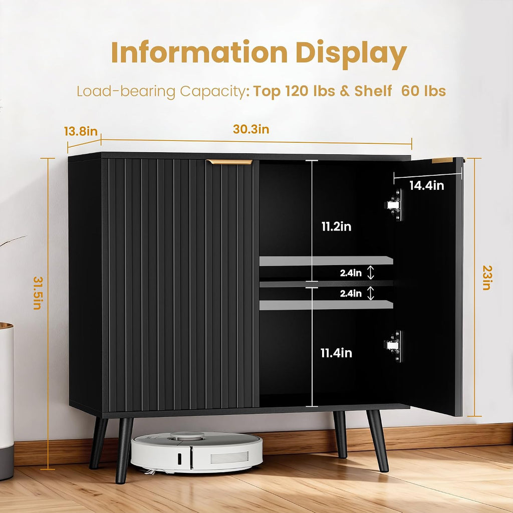 Black Fluted Buffet Cabinet, Free Standing Sideboard with Storage, Wood Accent Cabinet with Doors & Shelf, Modern