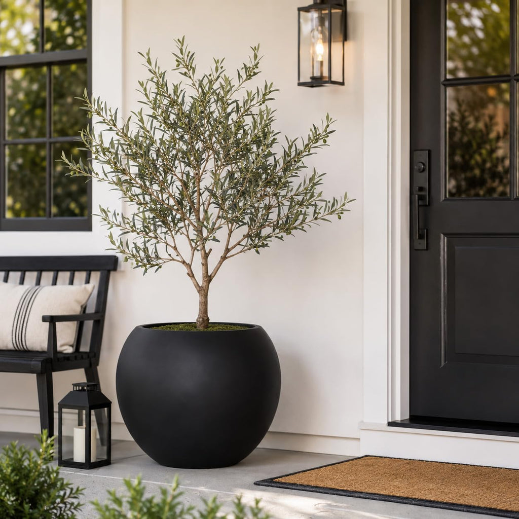 17" H x 21" Dia Black Fiberstone Planter Pot with Drainage Hole, Extra Large Indoor Outdoor Flower Pot for Artificial